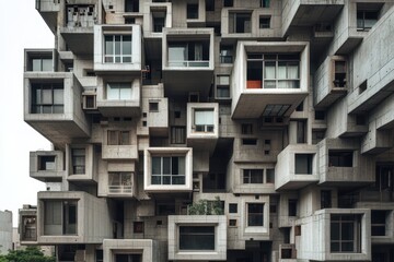 Obraz premium This striking building showcases an unconventional architectural style, highlighting an array of box-shaped windows that create a bold visual impact in an urban environment.