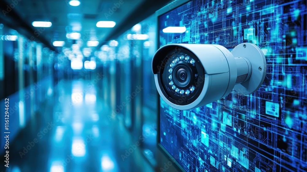 Poster monitoring action with surveillance camera high-tech environment digital security content in modern 