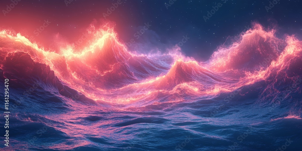 Poster ocean waves ripple dynamically with glowing surreal gradients., generative ai