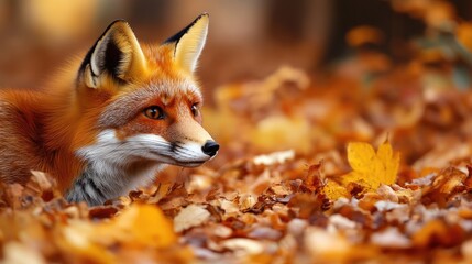 Fototapeta premium A close-up of a fox amidst autumn leaves, showcasing its vibrant fur and attentive gaze.