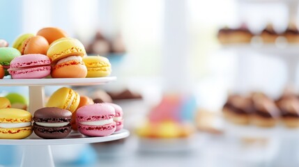 Fototapeta premium Elegant White Cake Stand Featuring a Colorful Assortment of Delicate Macarons Displayed in a Visually Appealing Arrangement for Celebratory Occasions