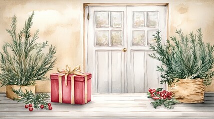 Christmas gifts reunion concept. Rustic holiday scene with gifts and greenery by a wooden door.