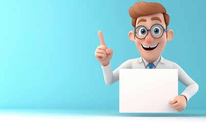 Happy cartoon businessman pointing at blank information board, ready for advertising opportunities in a vibrant setting