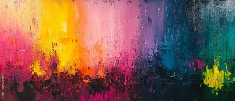 Poster paint strokes dissolve into glowing surreal abstract color fields., generative ai