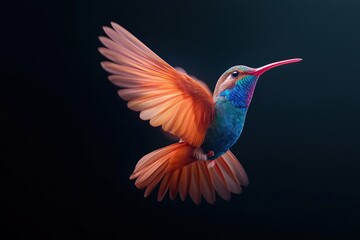 Mesmerizing neon hummingbird soars gracefully in darkness with glowing feathers illuminating the night sky