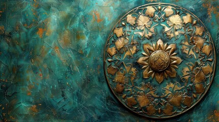 A gold and blue circle with a flower in the center