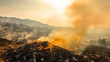 Fototapeta premium Dramatic Smoke Rising Over Homes Under Bright Sunlight
