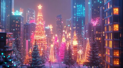 Neon Winter Wonderland: Cityscape with holographic Christmas decorations