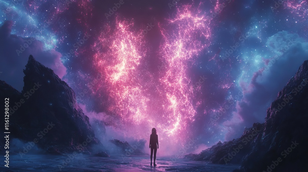 Aufkleber pixelated visuals dissolve into glowing, surreal cosmic patterns., generative ai