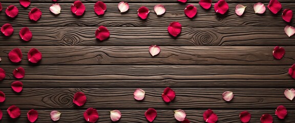 red rose petals scattered on a wooden table