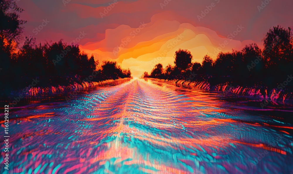 Poster plasma effects ripple through glowing surreal digital fields., generative ai