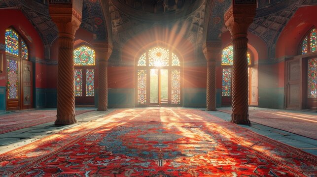 A large room with a red carpet and stained glass windows