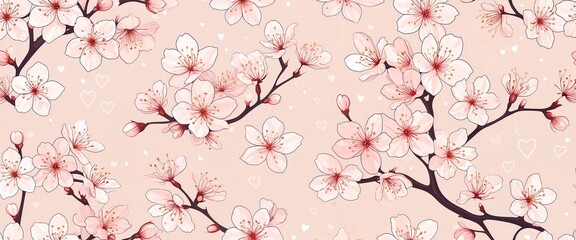 Pink cherry blossoms with heart on a pink background