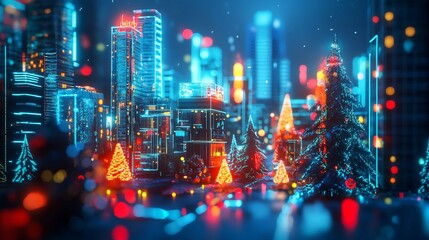Fototapeta premium Neon Winter Wonderland: Cityscape with holographic Christmas decorations