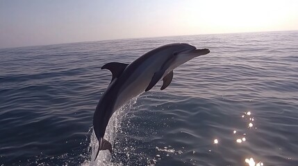 Fototapeta premium A dolphin leaps gracefully above the ocean surface, showcasing its agility and playfulness.