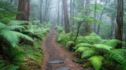 Obraz premium Misty Forest Trail: A Serene Walk Through Lush Greenery