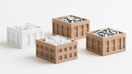 Wooden Crates Filled With Fish And White Pebbles Minimalist Scene