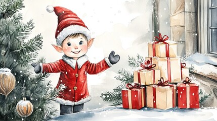Christmas gifts reunion concept. Cheerful elf in a red coat stands by Christmas gifts and a decorated tree in a snowy setting.