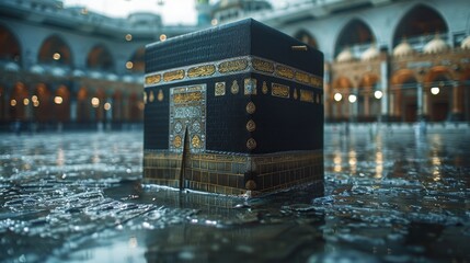 A black cube is floating in a pool of water