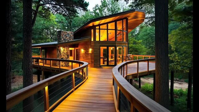 Secluded Treetop Haven: Modern architecture meets nature's embrace in this stunning image of a contemporary treehouse nestled amongst lush greenery.
