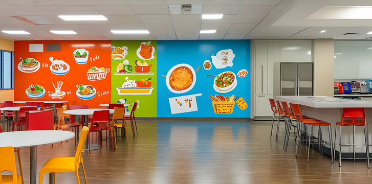 Bright cafeteria with colorful food-themed wall art and modern seating.