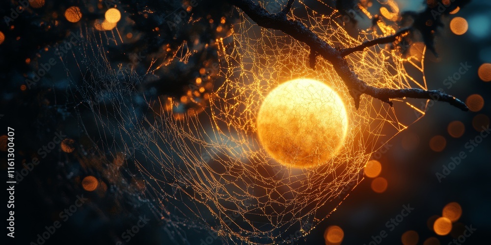 Poster webs dissolve into glowing surreal digital textures., generative ai