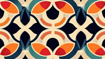 Seamless pattern showcasing interlocking geometric shapes in a harmonious color palette, emphasizing symmetry and balance.