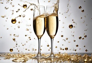 Two elegant champagne glasses clink with golden bubbles sparkling, symbolizing a joyous celebration and festive toast on a pristine white backdrop