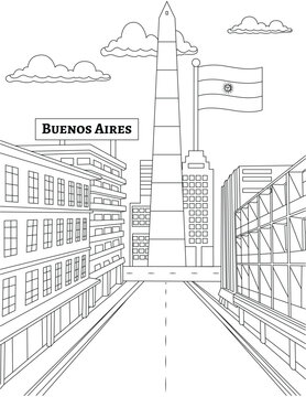 Obelisk ,In Buenos Aires, Argentina .The Argentinian flag flies, and the name "Buenos Aires" is written in modern, lively font to match the city&rsquo;s vibrant energy. Buenos Aires coloring page for kids 