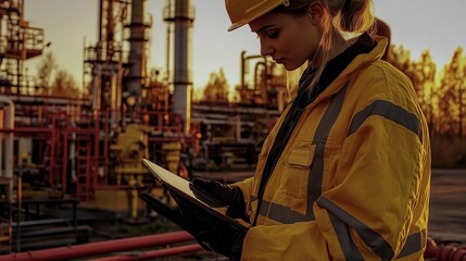 Fototapeta premium Female Engineer Using Tablet at Refinery Sunset