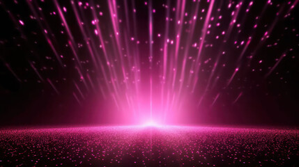 Pink spotlight stage background. Disco party projector light concert or show scene. Magic beam glow for nightclub or award winner with confetti glitter. Congratulation performance bg for celebrity