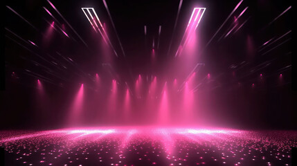 Pink spotlight stage background. Disco party projector light concert or show scene. Magic beam glow for nightclub or award winner with confetti glitter. Congratulation performance bg for celebrity