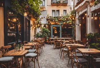 A charming cafe terrace features cozy tables, inviting ambiance, and relaxing vibes, perfect for enjoying a delightful outdoor dining experience