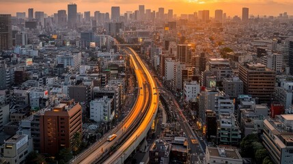 Tokyo Metropolis Sunset: Elevated View of Cityscape and Highway
