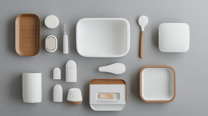 "Top view of bathroom accessories on a gray background, showcasing Scandinavian natural minimalist style."

