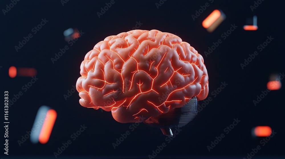 Poster a stunning 3d visualization of a radiant brain surrounded by futuristic glowing elements in a dark s