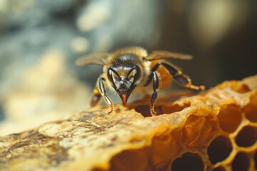 A bee sits on a honeycomb, actively collecting nectar. The intricate details of the bee and the hexagonal structure of the honeycomb are visible, showcasing nature's beauty and teamwork.