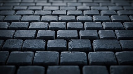 Fototapeta premium Close Up of Textured Brick Road Surrounded by Dark Background Highlighting Intricate Details and Unique Patterns of the Brickwork Surface