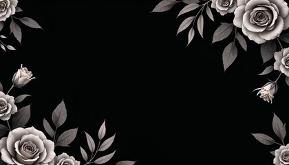 Elegant black background framed with gray roses and delicate leaves for sophisticated and artistic designs.