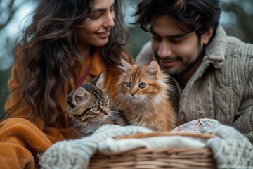 A couple enjoys a cozy moment outdoors with two adorable cats in a wicker basket, radiating joy and connection.