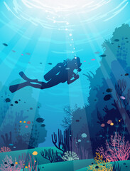 Vector illustration with silhouette of scuba diver, colorful coral reef and school of fish.Seascape with underwater wildlife.
