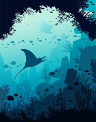 Silhouette of two mantas, coral reef and school of fish on a blue sea. Vector illustration with underwater nature. Flora and fauna of ocean