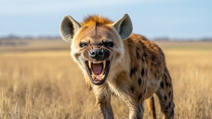 Obraz premium A close-up of a snarling hyena in a grassy landscape, showcasing its fierce expression.