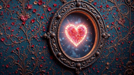 Fototapeta premium Decorative mirror reflecting a glowing heart shape on ornate background with rose petals