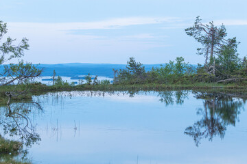 Ikkunalampi, a small pond between the summits of Riisitunturi and Pikku Riisitunturi fells on a summer evening in Riisitunturi National Park, Northern Finland