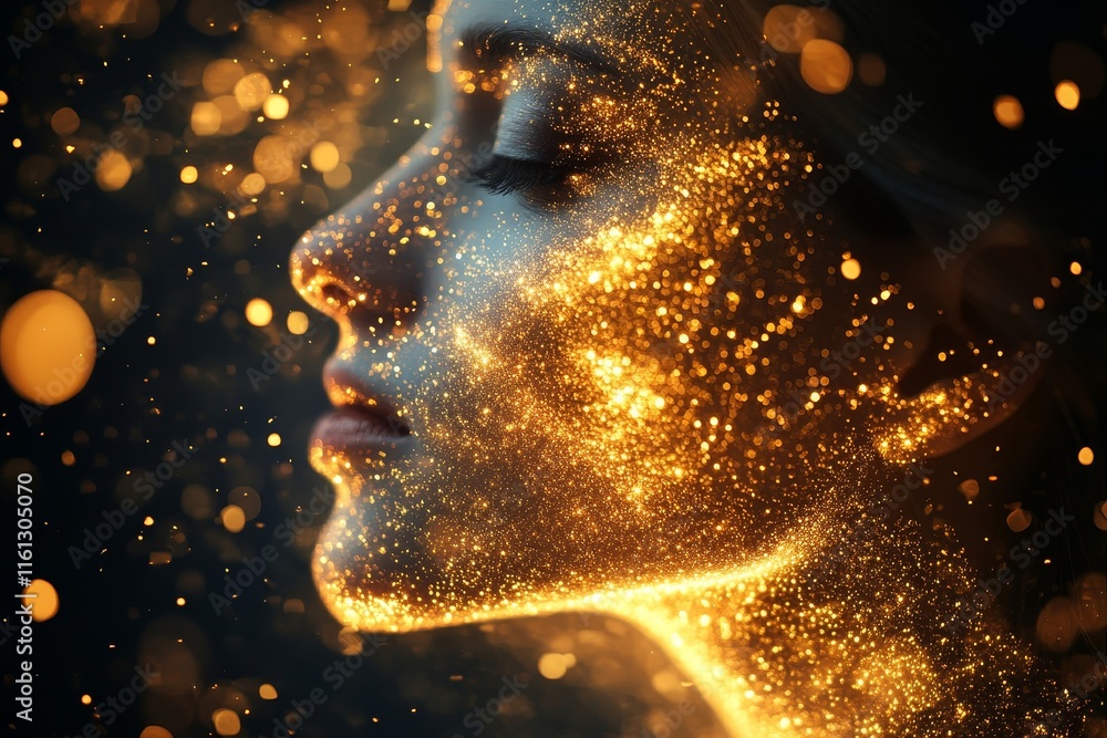 Poster sparkling particles dissolve into glowing surreal abstract compositions., generative ai