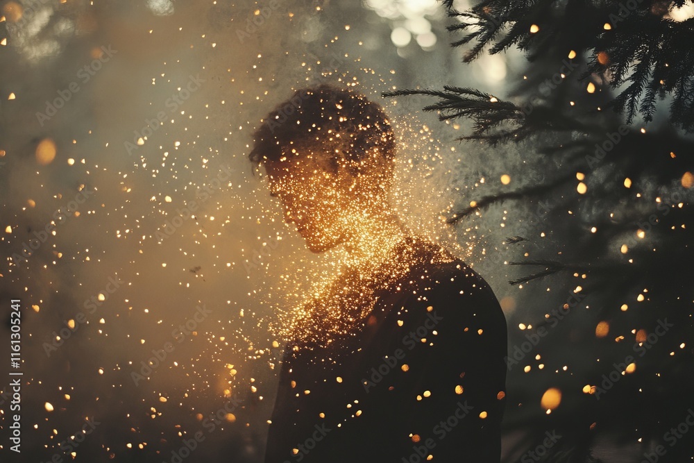 Poster sparkling particles dissolve into glowing surreal abstract compositions., generative ai