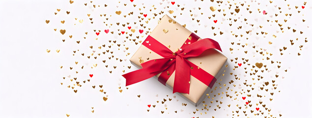 Elegant Gift Box Wrapped in Blue with Red Ribbon and Golden Confetti Background. AI generative.