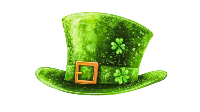 A green hat with a gold buckle and three shamrocks on it