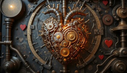 Fototapeta premium Steampunk mechanical heart with gears and pipes, artistic representation of love and technology